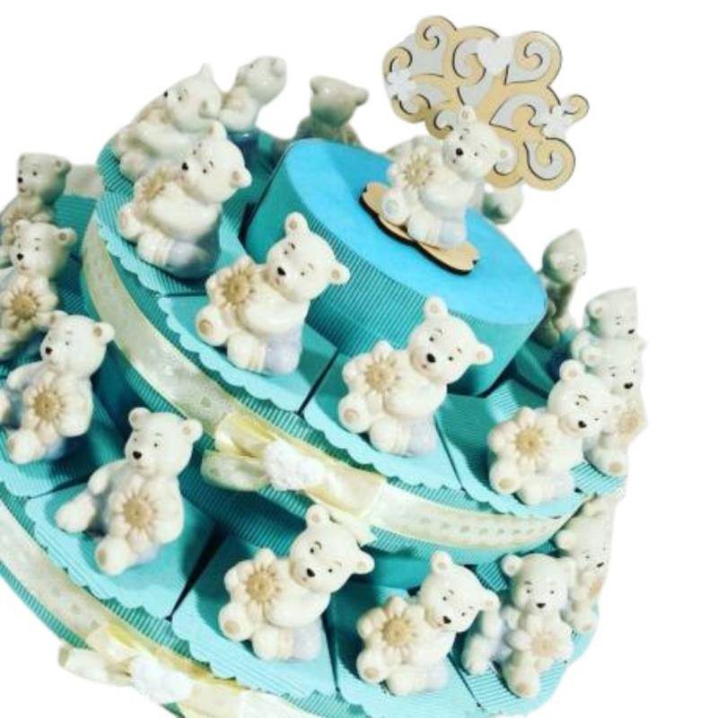 Torta portabomboniera con orsetti in ceramica e profumatore per battesimo nascita di bambino