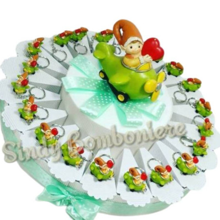 Torta bomboniera nascita battesimo 1° compleanno portachiavi gnomo aeroplano cuoricino rosso