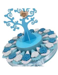 Torta bomboniera con albero della vita in ceramica e centrale BATTESIMO NASCITA COMPLEANNO