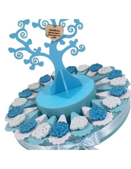 Torta bomboniera con albero della vita in ceramica e centrale BATTESIMO NASCITA COMPLEANNO