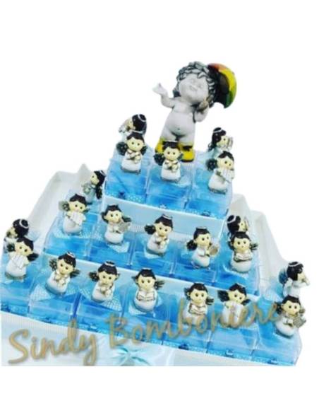 TORTA BOMBONIERE PLEXIGLASS + ANGIOLETTO per compleanni nascita BIMBO con confetti e bigliettino