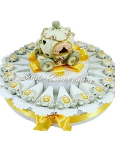 Torta bomboniera con carrozze magneti in resina e centrale carrozza con luce a led