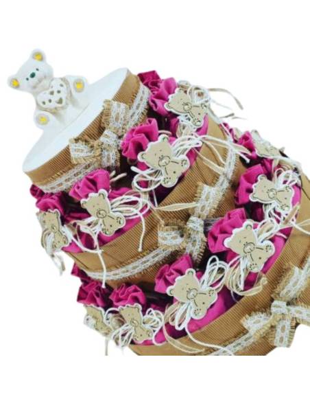 Sacchetti Battesimo bimba con orsetto in legno su torta