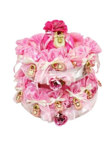 TORTA BOMBONIERA 26 SACCHETTI CON LUCCHETTO NASCITA BATTESIMO COMUNIONE CRESIMA