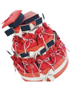 Struttura porta sacchetti per confetti con 22 sacchettini a tema laurea con lavagnetta in legno