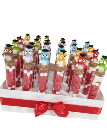 Portaconfetti laurea con gufetti colorati confetti e mimose