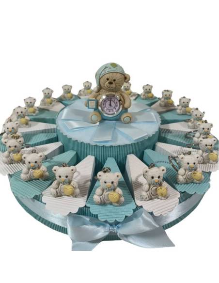 Torta bomboniere Battesimo 20 fette bimbo portachiavi orsetti cuore