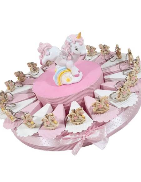 Torta bomboniere Battesimo bimba portachiavi unicorni rosa