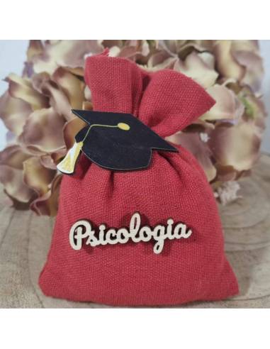 Bomboniere per laurea in psicologia sacchetto con tocco e scritta in legno