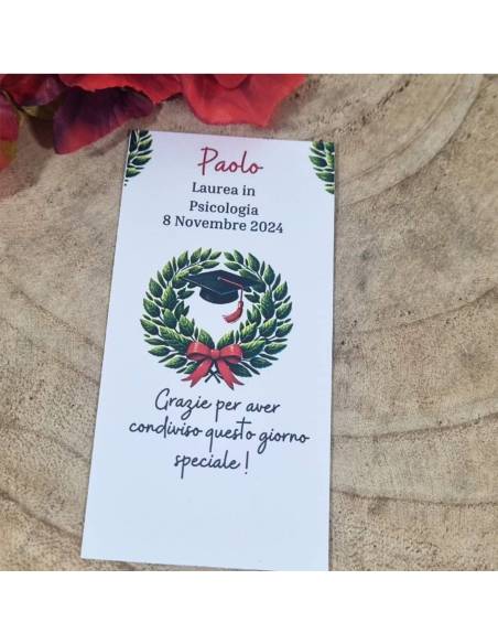 Segnaposto laurea con alloro e frase di ringraziamento personalizzabile