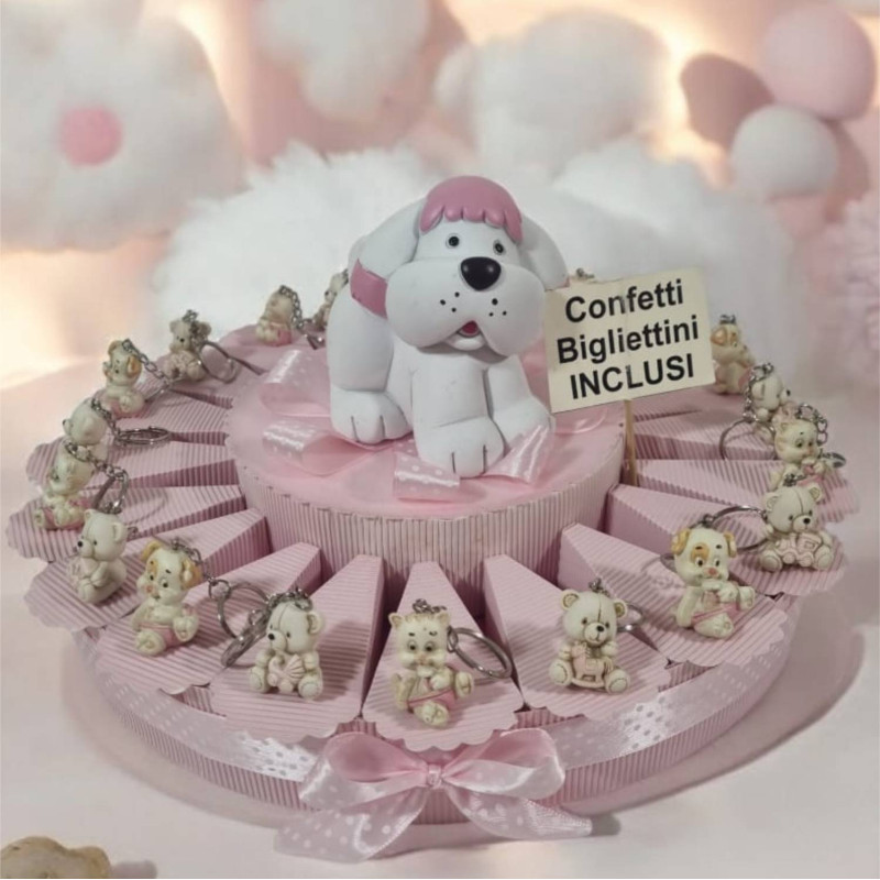 Bomboniere nascita bimba orsetti cagnolini e gattini portachiavi confetti rosa
