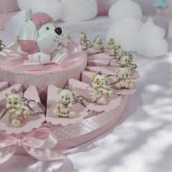 Bomboniere nascita bimba orsetti cagnolini e gattini portachiavi confetti rosa 2