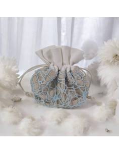 Sacchetti per confetti in juta morbido e rete azzurra