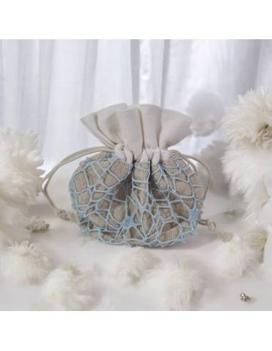 Sacchetti per confetti in juta morbido e rete azzurra