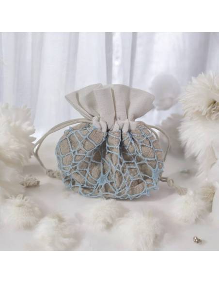 Sacchetti per confetti in juta morbido e rete azzurra