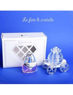Le Fate Di Cristallo bomboniere carrozza argentata e boccetta profumo borsetta