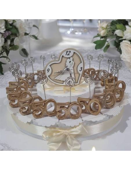 Torta bomboniere anniversario di matrimonio 50 glitter clip oro