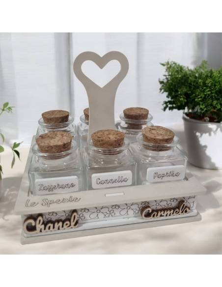 Bomboniere utili portaspezie con 6 vasetti personalizzate con nomi | Sindy Bomboniere