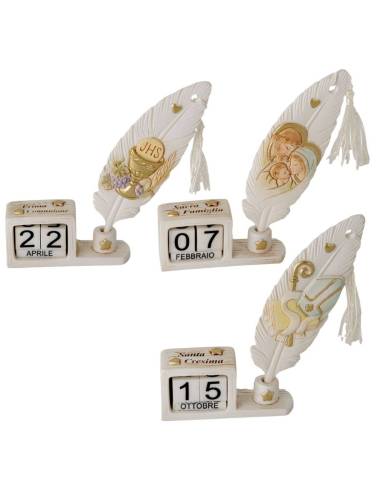 Calendario con immagine sacra con piuma e nappa