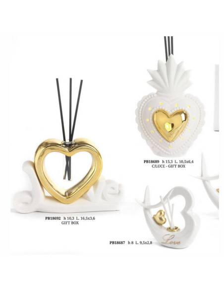 Profumatori Bomboniere cuore in ceramica bianca e oro complete
