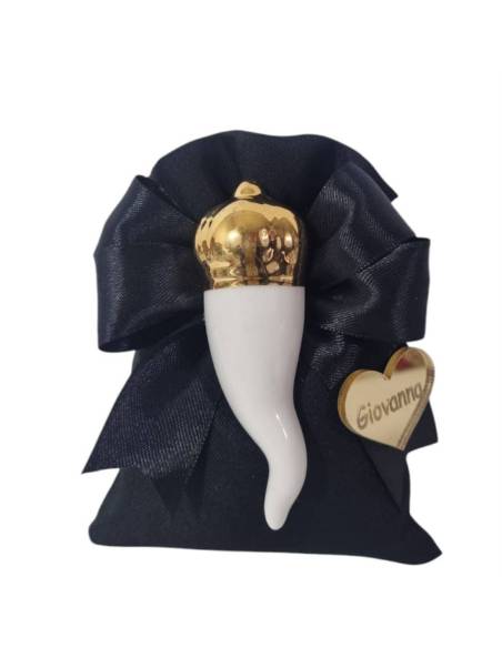 Bomboniere compleanno personalizzate con nome e corno bianco e oro