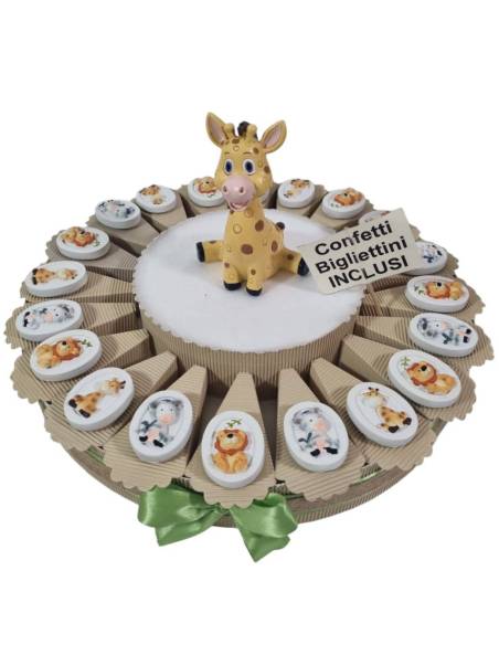 Torta bomboniere animaletti della savana magnete con salvadanaio centrale