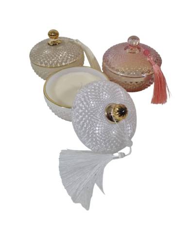 Bomboniera candela in vetro colorato con dettagli dorati con cappa