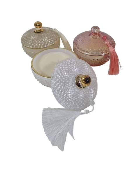 Bomboniera candela in vetro colorato con dettagli dorati con cappa