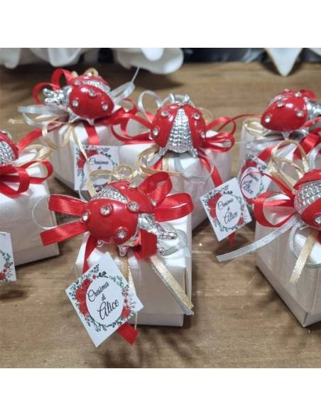 Bomboniere complete coccinelle argentate rosse con confetti