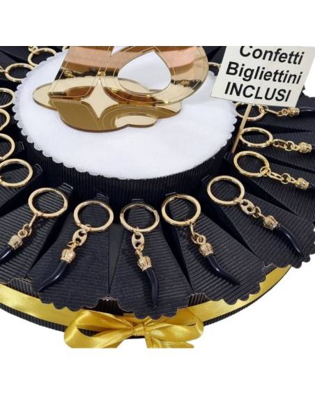 Bomboniere diciottesimo cornetti neri e oro torta portaconfetti