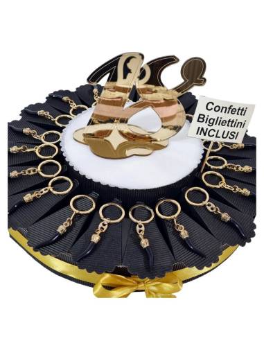 Bomboniere diciottesimo cornetti neri e oro torta portaconfetti
