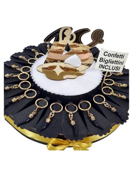 Bomboniere diciottesimo cornetti neri e oro torta portaconfetti