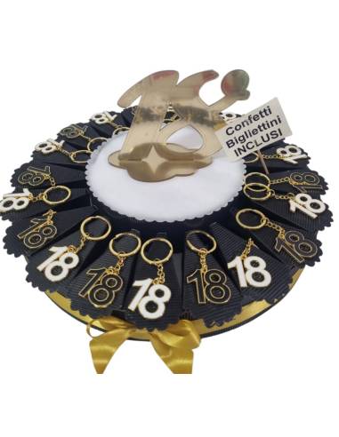 Torta di bomboniere 18 anni oro e nero portachiavi dorato