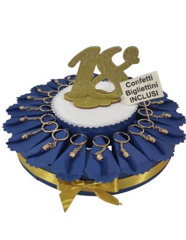 Bomboniere diciottesimo oro e blu cornetti torta portaconfetti