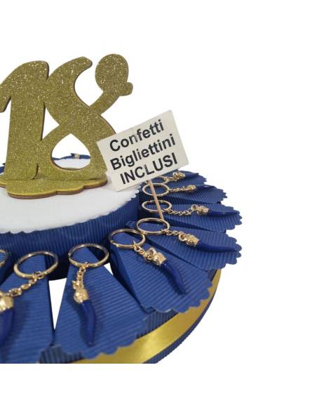 Bomboniere diciottesimo oro e blu cornetti torta portaconfetti