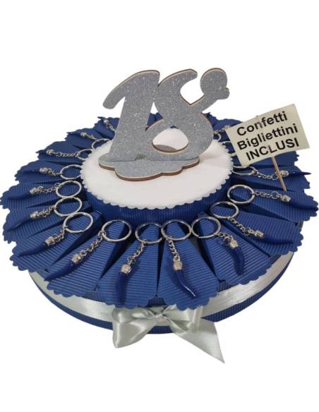Bomboniere diciottesimo argento e blu cornetti torta portaconfetti