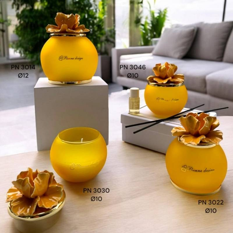 Bomboniere Pienne Design originali gialle con fiore in ceramica Linea Andromeda