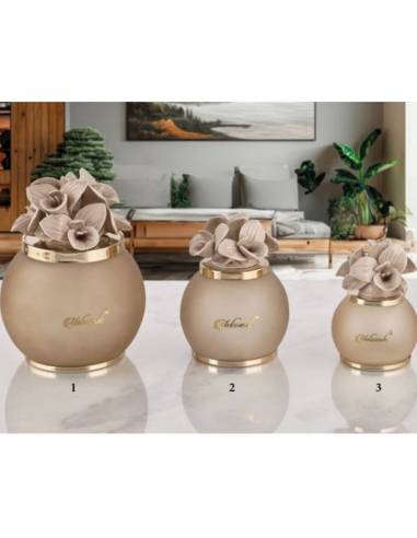 Lampade luce led con telecomando bomboniere Melaverde fiori orchidee in ceramica tortora