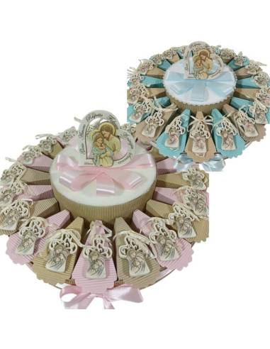 Torta portaconfetti bomboniere Battesimo pendenti croci icona sacra famiglia