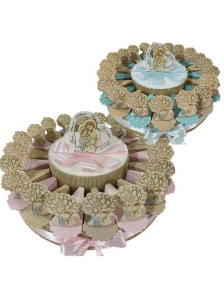 Torta bomboniera portaconfetti Battesimo albero della vita sacra famiglia