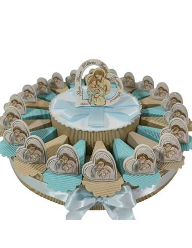 Torta bomboniere Battesimo cuori sacra famiglia appoggio| Sindy Bomboniere