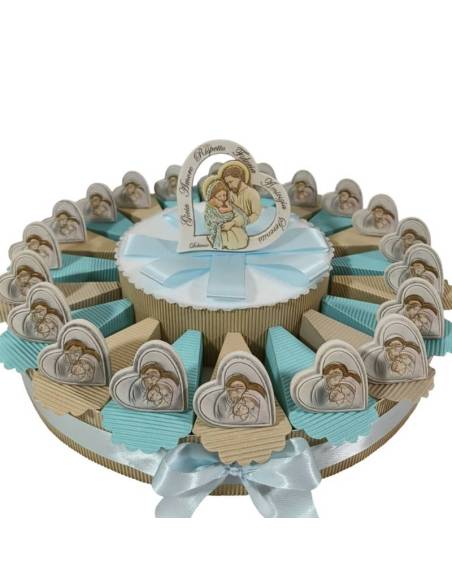 Torta bomboniere Battesimo cuori sacra famiglia appoggio| Sindy Bomboniere