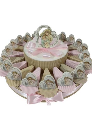 Torta bomboniere Battesimo cuori sacra famiglia appoggio| Sindy Bomboniere