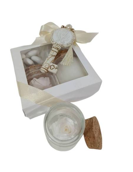 Bomboniere Comunione candele profumate rosa vera chiave inclusa