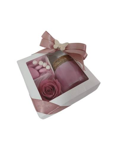 Vasetti bomboniere rosa stabilizzata con farfallina