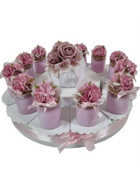 Candele bomboniere fiori rosa con torta portaconfetti