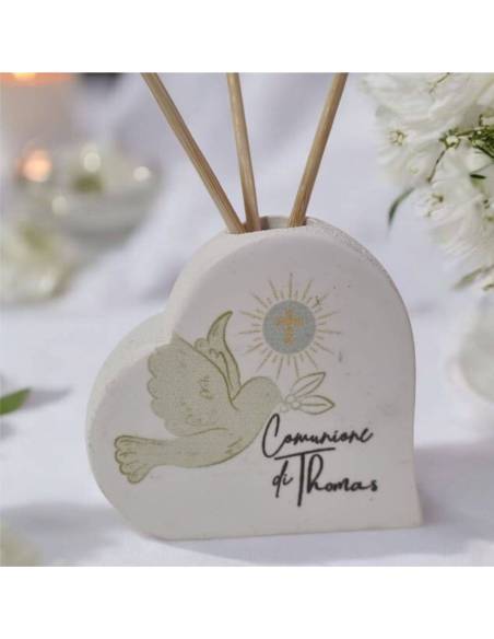 Cuore stilizzato con colomba bomboniere profumatori comunione