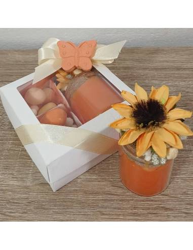 Bomboniere candele vasetti girasole con farfalla e rosa gessetti