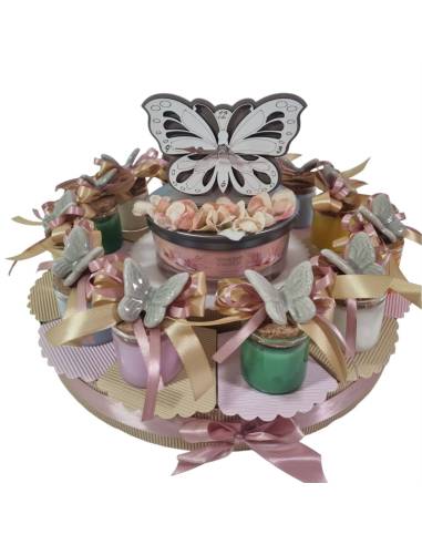 Torta bomboniere candele Yankee profumate per battesimo, comunione femmina con magnete farfalla