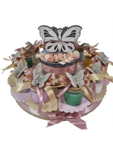 Torta bomboniere candele Yankee profumate per battesimo, comunione femmina con magnete farfalla